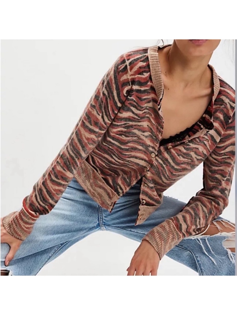 Free People Small Sweater Cardigan Nocturnal Patterned Cardi tiger brown